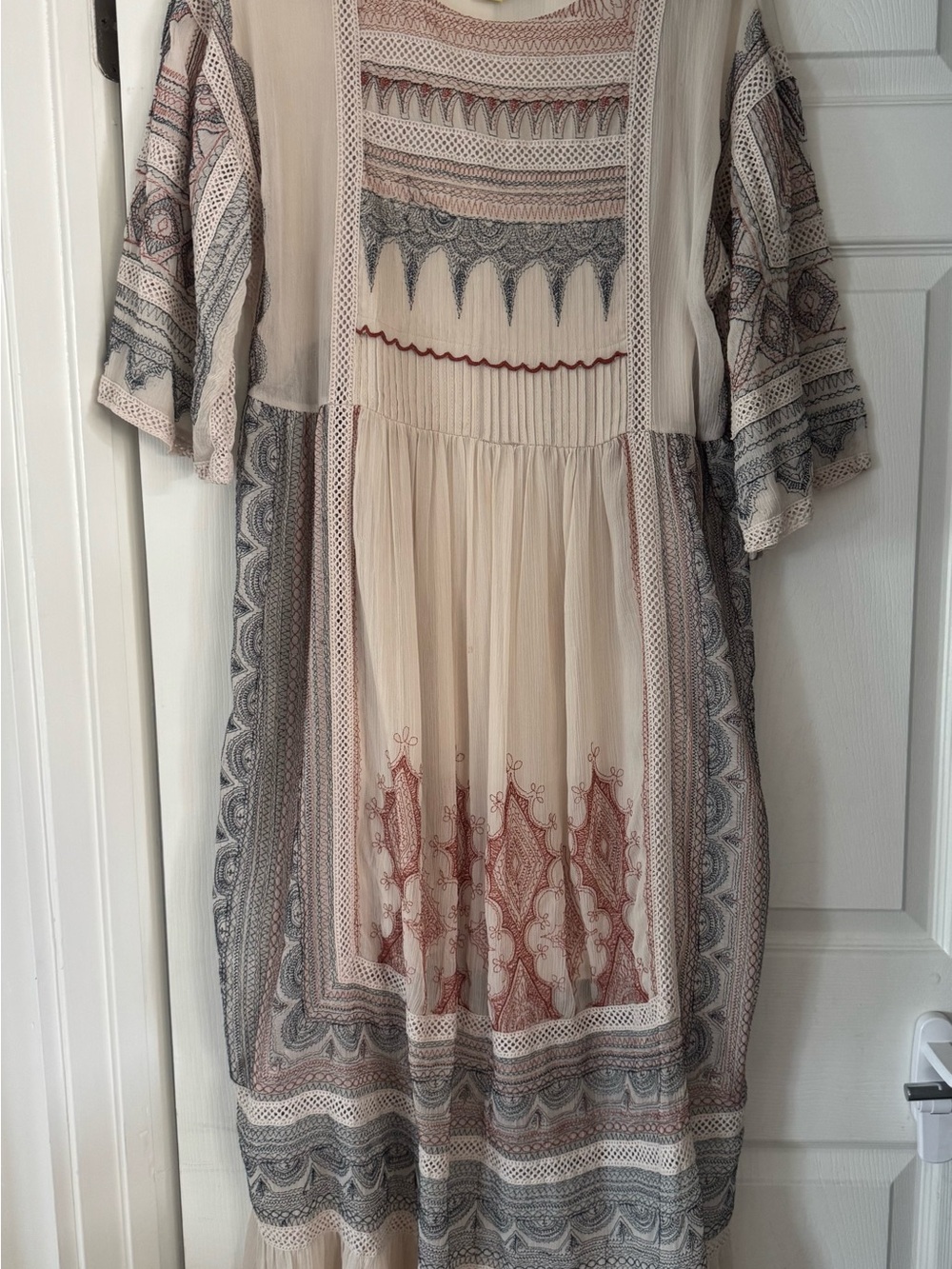 Boho Cream Printed Midi Dress with Rust and Slate Accents